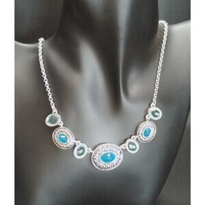 Napier Silver Tone Necklace Blue Teal Cabochon Oval Link Vintage 90s Boho